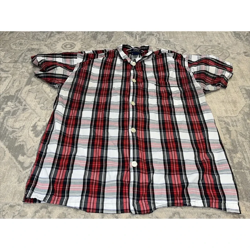 Mens Ralph Lauren Polo Button Red Black Plaid Pajama Shirt Sz Large Short Sleeve
